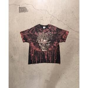 Vintage Slayer Graphic AOP Band T-Shirt Black and Red Skull